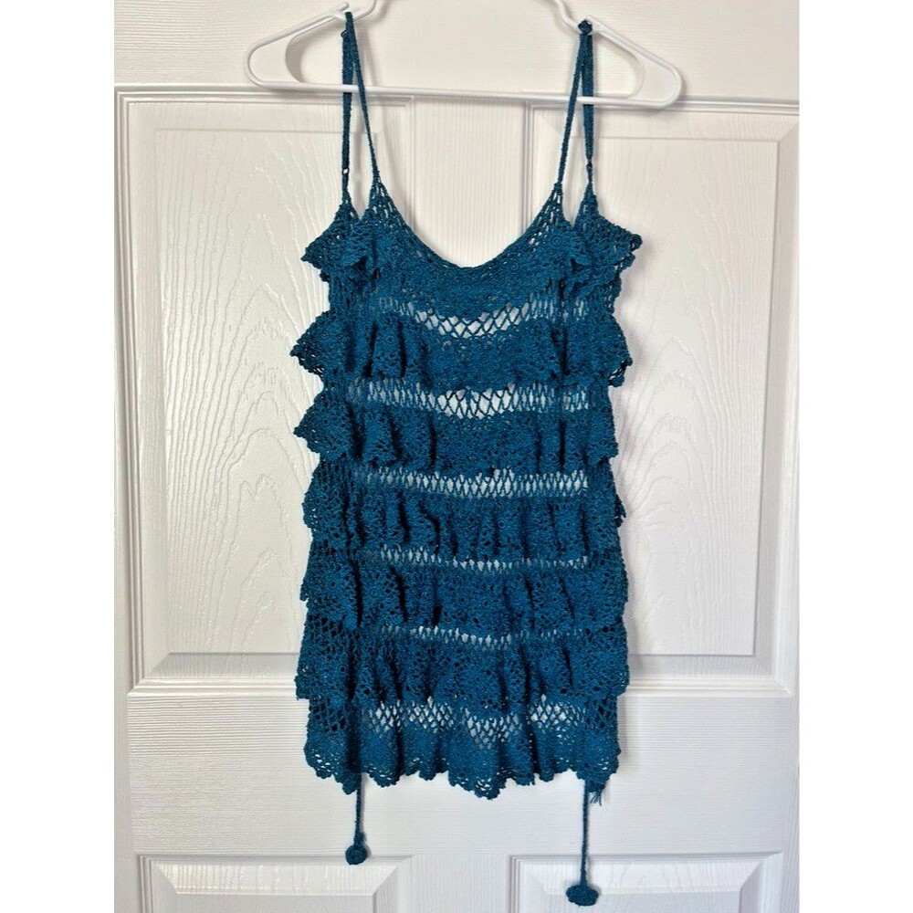 Arden B Crochet Ruffle Tank Size XS Teal Camisole Adjustable Tie Open Back Fairy